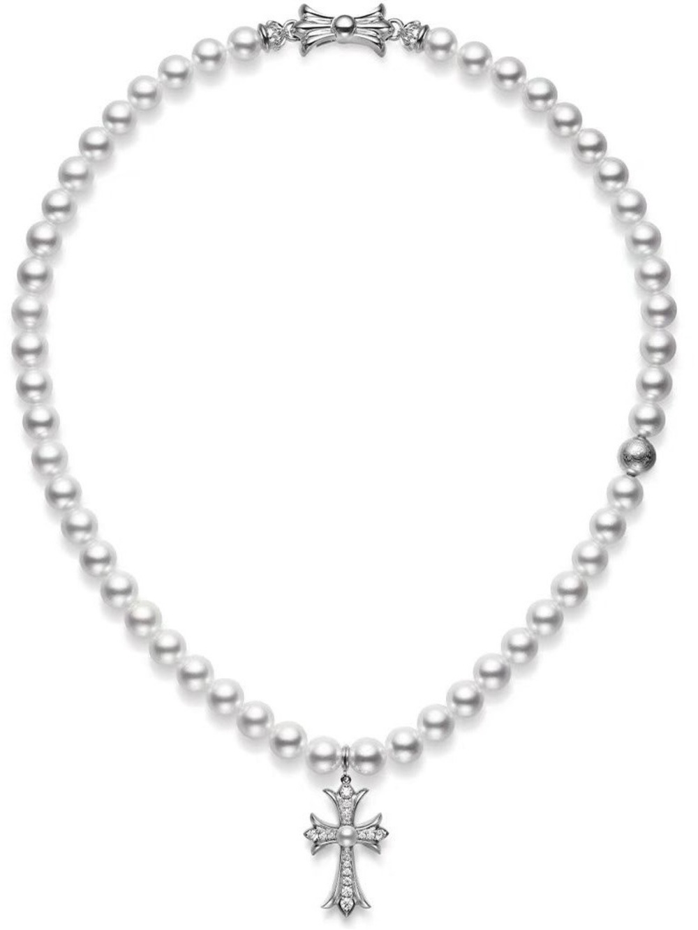 Chrome Hearts X Mikimoto 18k White Gold Necklace with Cross and Akoyo Pearl